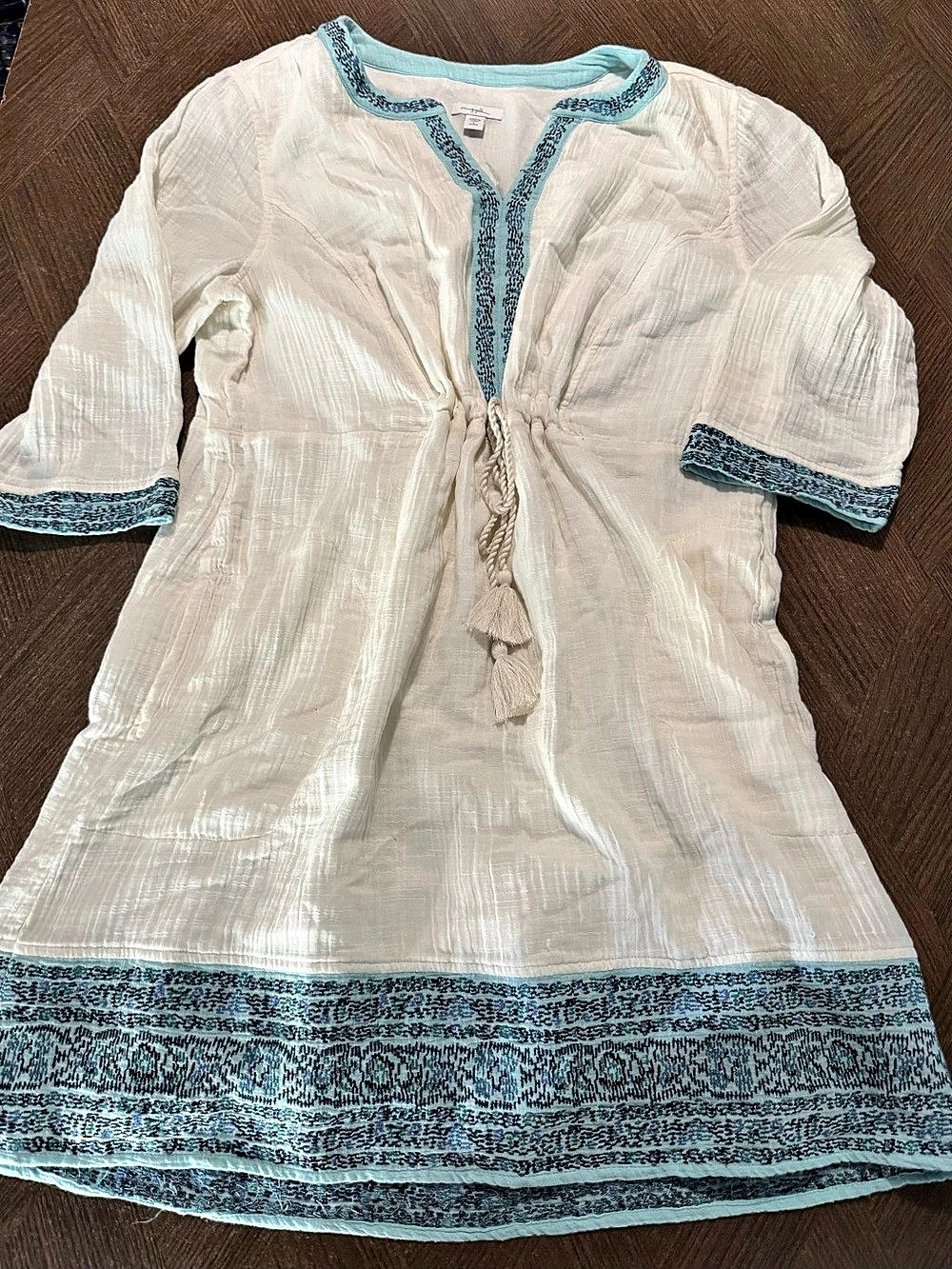 J. Jill Women’s 100% Cotton Gauze  Dress White w/Blue Embroidery L-Petite NWT